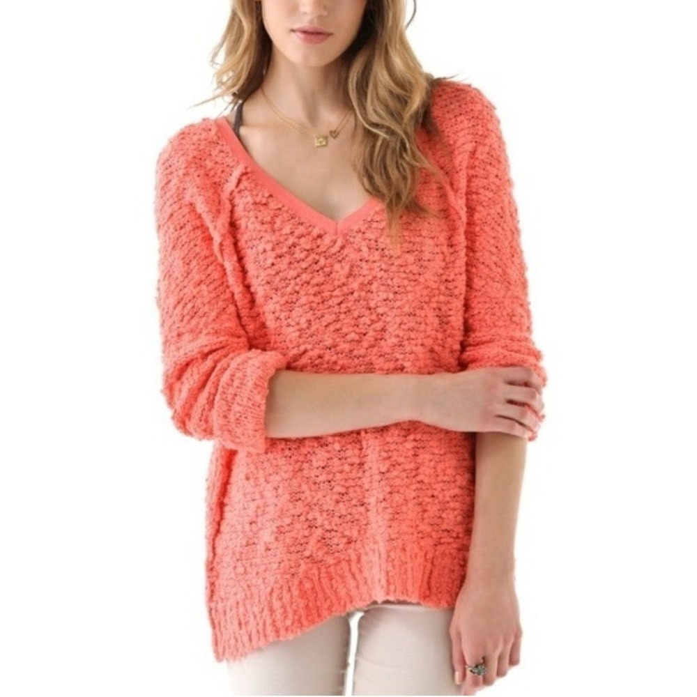 Free People Women Size XS Oversized Salmon Pink Songbird Pullover Sweater Cotton